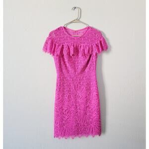 Trina Turk ruffled shoulder sleeve hot pink Lace dress